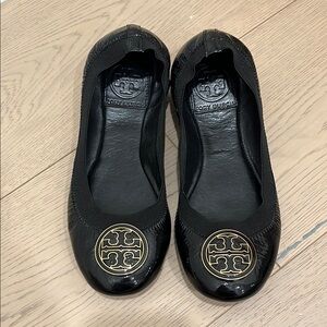 Tory Burch Black Leather Flats with Signature Medallion